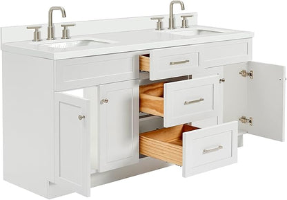 DKB Bradford 72 Inch Bathroom Vanity Double Sink — White Bathroom Vanity with Sink, 1.5" Edge Pure White Quartz Countertop & Backsplash, 4 Soft-Close Doors, and 3 Dovetail Drawers