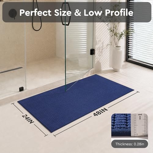 tchdio Bathroom Runner Rug, Absorbent Washable Thin Bath Mat, Non Slip Quick Dry Bath Rugs with Solid Rubber Backing, Low Profile Bath Mat, Blue, 24" x 48"