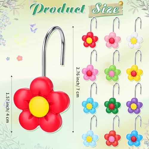 Thyle 12 Pcs Spring Floral Shower Curtain Hooks, Colorful Resin Ornament Rings Flower Shower Curtain Hooks for Bathroom Bedroom Accessories