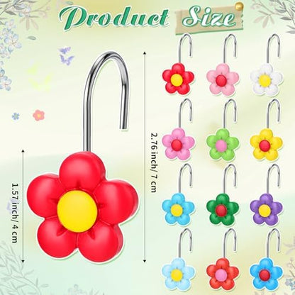 Thyle 12 Pcs Spring Floral Shower Curtain Hooks, Colorful Resin Ornament Rings Flower Shower Curtain Hooks for Bathroom Bedroom Accessories