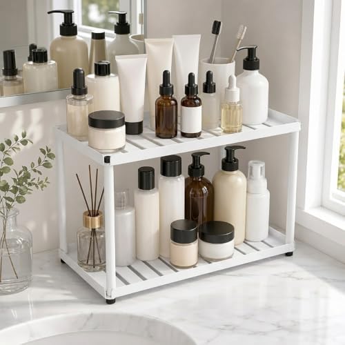 2 Tier Bathroom Counter Organizer, Rectangular Vanity Organizer Shelf, Skincare and Makeup Countertop Storage Rack for Kitchen, Bathroom, Bedroom,White