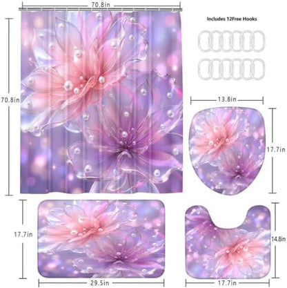 DDQQ 4 Pcs Floral Bathroom Sets with Shower Curtain and Rugs, Pink and Purple Lotus Bathroom Decor Set, Pearl Shower Curtain Set with 12 Hooks