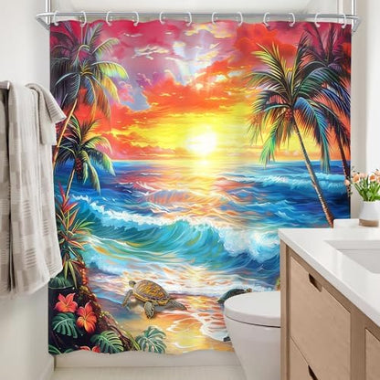 Ocean Summer Beach Tropical Leaf Hawaiian Bathroom Shower Curtain Set