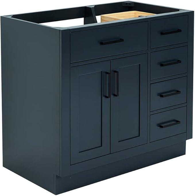 ARIEL Hepburn 36-inch Bathroom Vanity Base Cabinet,Solid Wood, 2 Soft Closing Doors, 5 Dovetail Drawers, Midnight Blue