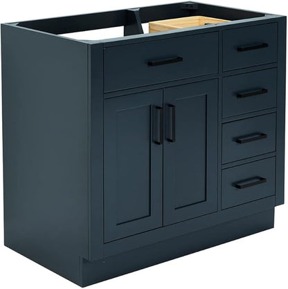ARIEL Hepburn 36-inch Bathroom Vanity Base Cabinet,Solid Wood, 2 Soft Closing Doors, 5 Dovetail Drawers, Midnight Blue