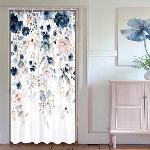 Small Stall Floral RV Blue Pink Bathroom Shower Curtain Set