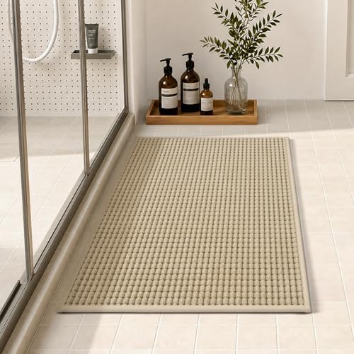 tchdio Bath Mat, Absorbent Bathroom Mat Quick Dry, Thin Bathroom Rugs Fit Under Door, Non Slip Washable Bath Rugs with Solid Rubber Backing, Low Profile Bath Mats for Bathroom, Beige, 16" x 24"