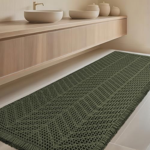 Extra Large Waffle Bath Mat, Boho Woven Modern Bath Rug Absorbent Non Slip, Ultra Soft Bathroom Mats, Machine Washable Knit Bath Rugs with Herringbones for Bathroom, Bedroom, Shower, 6'x2', Dark Green