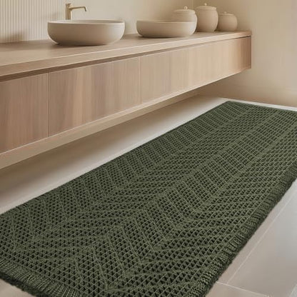 Extra Large Waffle Bath Mat, Boho Woven Modern Bath Rug Absorbent Non Slip, Ultra Soft Bathroom Mats, Machine Washable Knit Bath Rugs with Herringbones for Bathroom, Bedroom, Shower, 6'x2', Dark Green