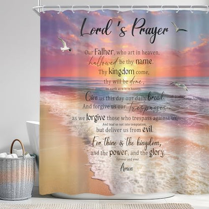 Ocean Bible Verse Beach Pink Orange Sunset Bathroom Shower Curtain Set