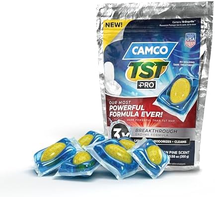 Camco TST PRO RV Toilet Treatment Drop-INs - New & Innovative Bio-Enzymatic Formula for Rapid RV Sewer Break Down - RV Black Tank Treatment - Fresh Pine Scent - Septic-Safe, 10-Pack (41770)