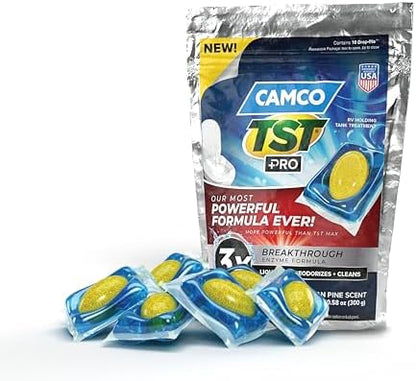 Camco TST PRO RV Toilet Treatment Drop-INs - New & Innovative Bio-Enzymatic Formula for Rapid RV Sewer Break Down - RV Black Tank Treatment - Fresh Pine Scent - Septic-Safe, 10-Pack (41770)