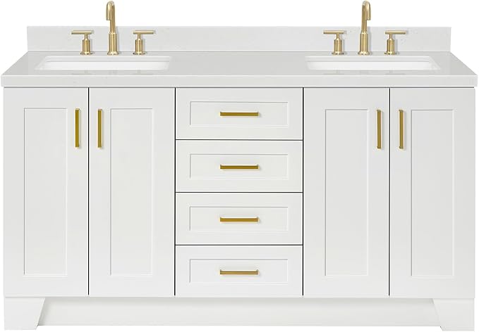 ARIEL Taylor 66-inch Bathroom Vanity with Sink,Solid Wood, 1.5-inch Carrara White Quartz Countertop & Backsplash, Double Rectangular Porcelain Sink, 4 Soft Closing Doors, 5 Dovetail Drawers, White