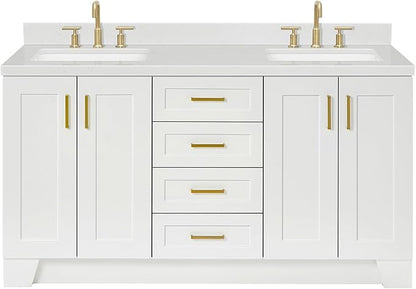ARIEL Taylor 66-inch Bathroom Vanity with Sink,Solid Wood, 1.5-inch Carrara White Quartz Countertop & Backsplash, Double Rectangular Porcelain Sink, 4 Soft Closing Doors, 5 Dovetail Drawers, White