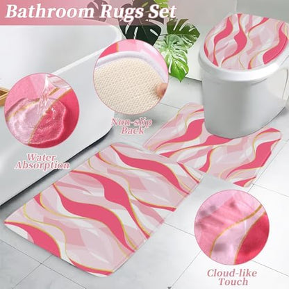 XLHOMO Bathroom Set - Pink and Gold Bathroom Accessories, Bathroom Sets with Shower Curtain and Rugs, Pink Shower Curtain Set with Bathroom Trash Can, Soap Dispenser, Soap Dish for Home Decor