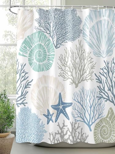 Shower Curtain Bathroom Set Blue Ocean Shells Coral Waterproof Shower Curtains with Grommets Hooks Conch Starfish Marine Life Privacy Bath Curtain for Bathtub Decor 60x72in