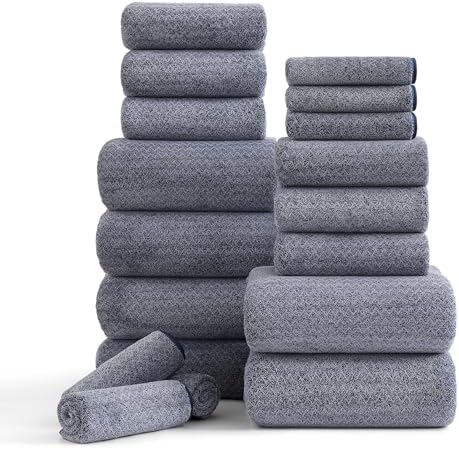 Ycosy 18 Piece Bath Towels Set,100% Microfiber Family Bathroom Towel with Hanging Loops-6 Bath Towels,6 Hand Towels,6 Washcloths,Quick Dry Highly Absorbent Shower Towel for Bathroom,Hotel,Spa-Navy