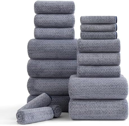 Ycosy 18 Piece Bath Towels Set,100% Microfiber Family Bathroom Towel with Hanging Loops-6 Bath Towels,6 Hand Towels,6 Washcloths,Quick Dry Highly Absorbent Shower Towel for Bathroom,Hotel,Spa-Navy