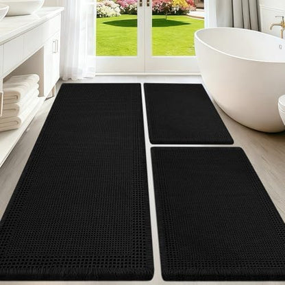 Upgraded Waffle Bath Mat Set 3 Piece Black-Bordered, Super Absorbent Non-Slip Quick Dry Bathroom Rugs with Tassels, Machine Washable Ultra Soft Boho Bath Rugs for Floor, Bath Mats Boho Farmhouse Decor