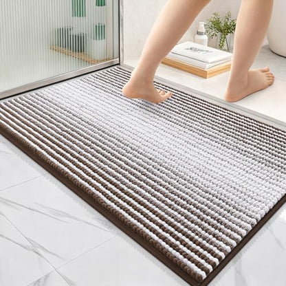 OLANLY Bathroom Rugs 36x24, Soft Chenille Striped Bath Rugs, Brown