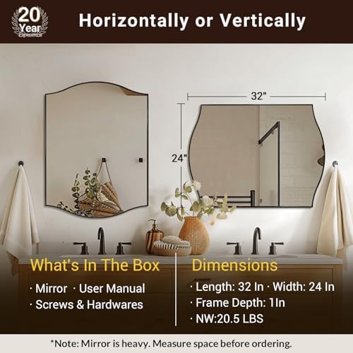 ANDY STAR Scalloped Bathroom Mirror，24"x32" Black Rectangle Wall Mirror with Curved Edge Stainless Steel Metal Frame, Irregular Vanity Wall-Mounted Mirror for Bathroom, Entryway