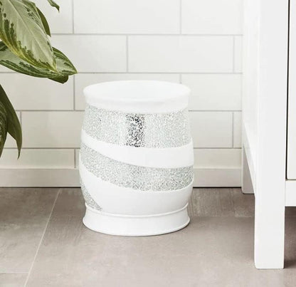 Zahari Home 2pc Sinatra White Modern Bath Accessories Set Waste Basket & Tissue Box Modern Decorative Beautiful Designs Bathroom Decor Set for Home Luxury Bath Set Mosaic Glass
