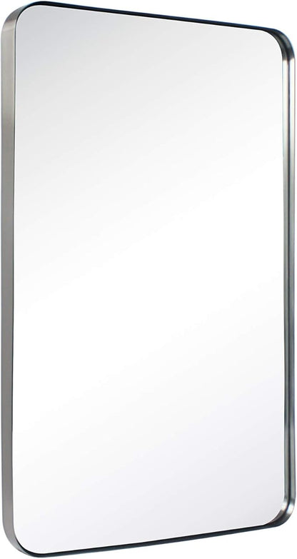 GRACTO 20 x 30'' Polished Nickel Rectangle Bathroom Vanity Mirror for Wall Polished Silver Metal Framed Rounded Rectangular Bathroom Vanity Mirrors, Vertical and Horizontal Hanging…