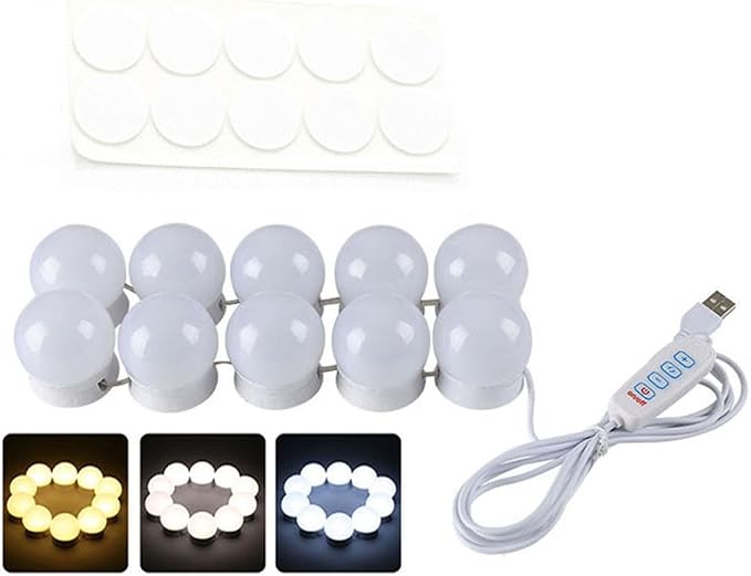 LED Vanity Lights for Mirror, Hollywood Style, 8 Lights | 10 Dimmable Bulbs, Adjustable Color & Brightness, USB Cable, Stick on for Makeup Table Dressing Room