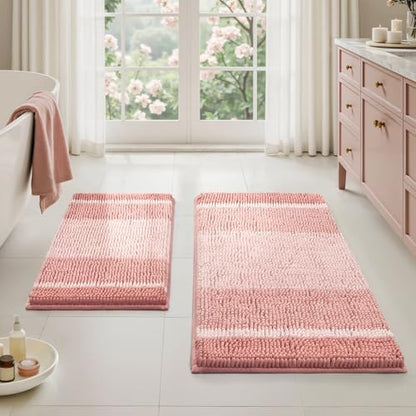 HOMEIDEAS Pink Bathroom Rugs Set of 2, Striped Chenille, 20"x32"+17"x24"