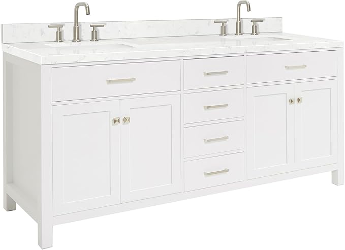 ARIEL Bristol 72-inch Bathroom Vanity with Sink,Solid Wood, 1.5-inch Carrara White Quartz Countertop & Backsplash, Double Rectangular Porcelain Sink, 4 Soft Closing Doors, 4 Dovetail Drawers, White