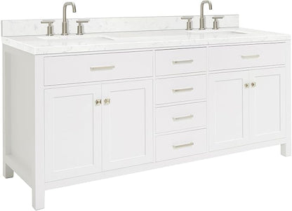 ARIEL Bristol 72-inch Bathroom Vanity with Sink,Solid Wood, 1.5-inch Carrara White Quartz Countertop & Backsplash, Double Rectangular Porcelain Sink, 4 Soft Closing Doors, 4 Dovetail Drawers, White