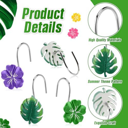 Thyle 12 Pcs Hawaiian Tropical Leaf Hibiscus Flower Shower Curtain Hooks, Colorful Resin Ornament Rings Summer Shower Curtain Hooks Decorative Rings for Home Holiday Bathroom Restroom Accessories
