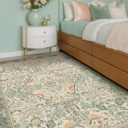 Hazo Haus 5x8 Vintage Sage Green Area Rug, Washable Botanical Bird Pattern Rug for Living Room Bedroom, Non-Slip Stain Resistant Boho French Country Low Pile Carpet