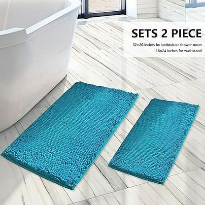 BOANKODU Bathroom Rugs Sets 2 Piece, Extra Soft Chenille Bath Mat Absorbent Bathroom Rug, Bathroom Mat with Non-Slip Bottom, Machine Washable Bath Rugs (32x20 Inch + 24x16 Inch, Turquoise)