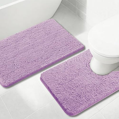 Bathroom Rugs Chenille, Extra Thick and Absorbent, Non-Slip, Machine Washable, Dry Quckily, Soft Cozy Plush, Used Under Shower Bathtub and Sink, Bath Mat Sets Lavender
