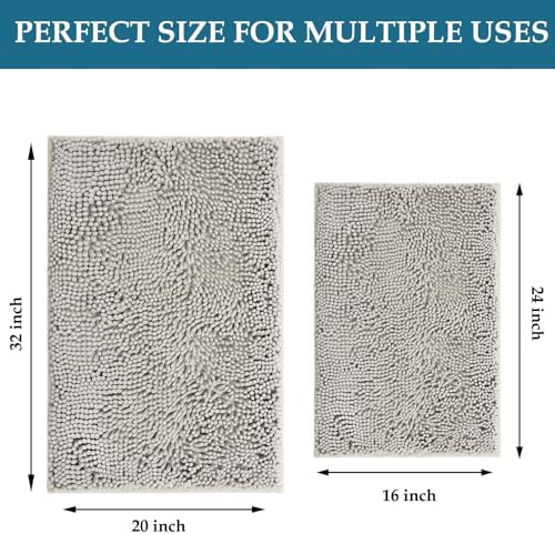 Bathroom Rugs Set 2 Piece Bath Mats Non Slip for Bathrooms, Thick Soft Chenille Rug Set, Bathtub Mats, Ultra Absorbent Bath Carpet, Shaggy Floor Mat, Ashy Grey, 20"x32" & 16"x24"