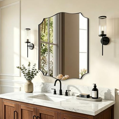 ANDY STAR 24"x30" Black Scalloped Mirror, Bathroom Mirrors for Over Sink, Black Framed Mirror with Elegant Curved Scallop Design, Premium Stainless Steel Thin Frame, Hangs Horizontally or Vertically