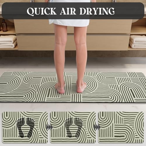 MontVoo -Bath Mat-Non Slip Thin Bathroom Rugs Fit Under Door- Quick Dry Absorbent Faux Suede Surface Grey Bathroom Floor Mats-Shower Rug for in Front of Bathtub Shower Ivory & Green Arched 17x59