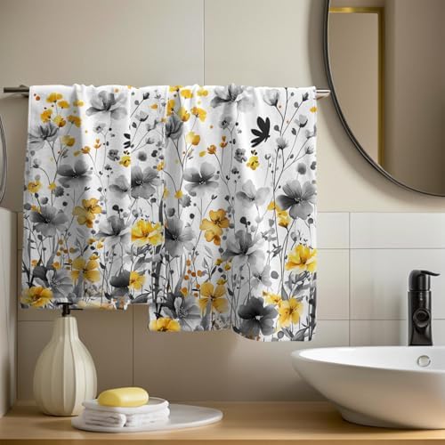 Spring Floral Hand Towels 14x28 Inch Set of 2 Watercolor Grey Yellow Wildflowers Absorbent Soft Dish Washing Cloth Tea Towels for Home Kitchen Bathroom Gym Hotel Spa Decor