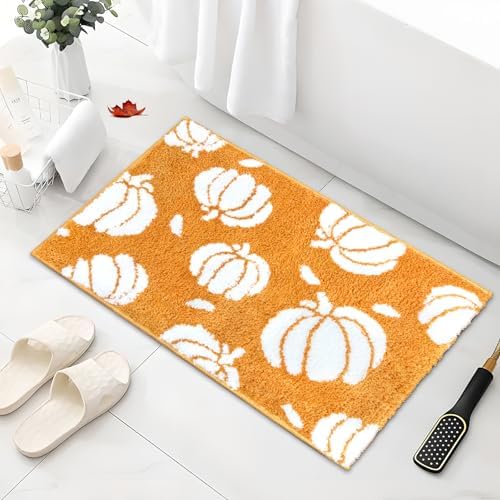 APROPHIC Fall Pumpkin Bath Mats for Bathroom, Thanksgving Super Absorbent Non-Slip Microfiber Shaggy Bath Rugs, Autumn Bathroom Mat for Shower, Tub, Sink, Decor, Machine Washable, 20x30 in, Orange1