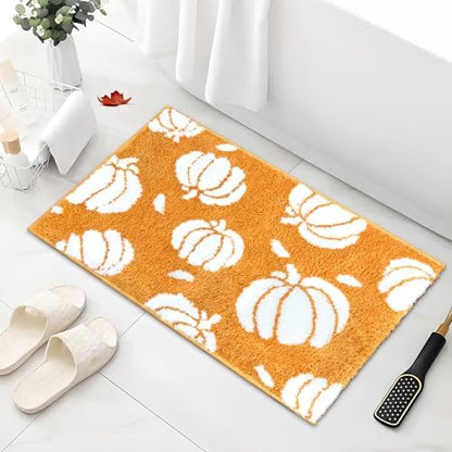 APROPHIC Fall Pumpkin Bath Mats for Bathroom, Thanksgving Super Absorbent Non-Slip Microfiber Shaggy Bath Rugs, Autumn Bathroom Mat for Shower, Tub, Sink, Decor, Machine Washable, 20x30 in, Orange1