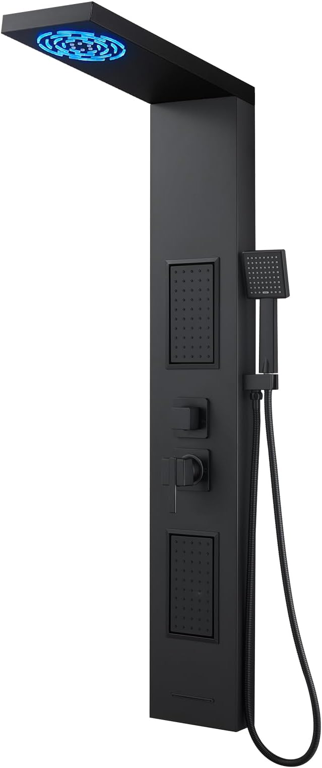 ROVOGO Led Shower Panel Tower System, Lighted Shower Head 2-Setting (Rainfall & Mist Mode), Large Body Jets, Handheld and Tub Spout, 50" Stainless Steel Shower Column with Mixer Valve, Black