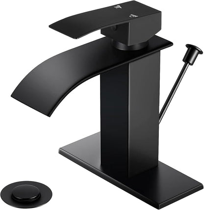 Black Waterfall Bathroom Faucet Single Handle with Lift Rod Drain | Bathroom Sink Faucet,Stainless Steel,supply hoses Deck included,1 or 3 Hole,Fits home,RV,farmhouse bathrooms