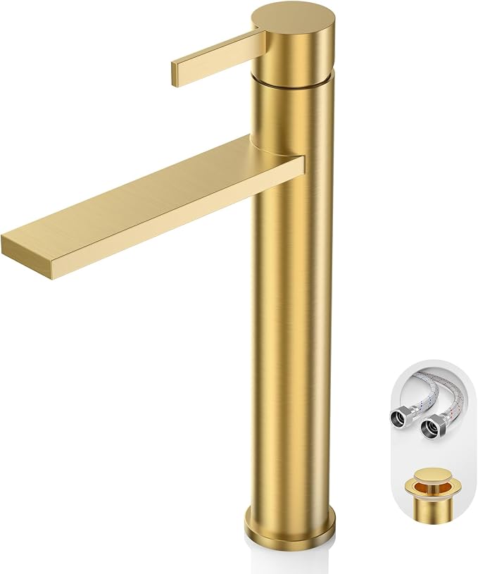 1 Hole Tall Bathroom Vessel Sink Faucet, Brushed Gold Single Hole Single Handle Vanity Faucet, with Pop Up Drain and Water Supply Line, FH02-BG-V