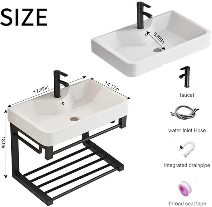 Floating wall-Mounted Bathroom 17-inch Vanity with Ceramic washbasin, Open Shelf, and Black mini Small Bathroom Vanity