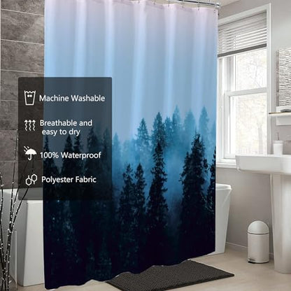 LLSCL Fabric Shower Curtain Liner with Magnets, Blue Forest Waterproof Hotel Quality, 72 x 72 Machine Washable