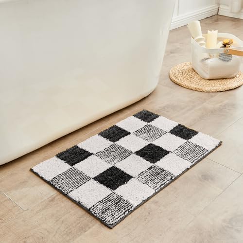 CozeCube Jet Black Checkered Bath Mat 32"x20" Non Slip Washable Rug