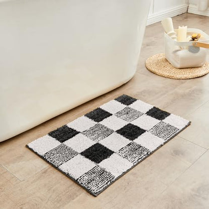 CozeCube Jet Black Checkered Bath Runner 59"x24" Non Slip Washable Rug