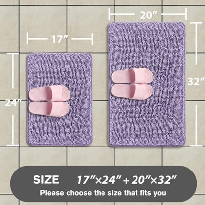 Lavender Bathroom Rugs Sets 2 Piece – Absorbent and Washable Bath Mat, Non-Slip, Thick Soft Chenille Bath Rugs for Bathroom Floor, Shower, Sink - 17" x 24"+20" x 32"