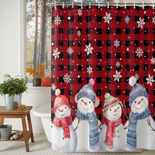 Christmas Snowman Shower Curtain Bathroom Set Red Black Buffalo Plaid Waterproof Shower Curtains with Grommets Hooks Xmas Snowflakes Privacy Bath Curtain for Bathtub Decor 48x72in